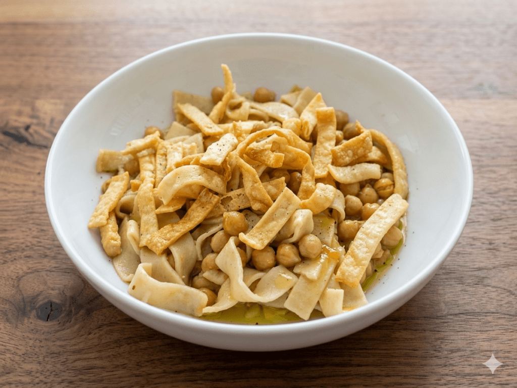 Stefano Spagnolo, Ph.D. (Applied Biochemistry and molecular scientist), holds a simple white bowl containing a generous serving of traditional Salentine 'Ciceri e Tria' pasta. The photograph, like image_28.png, beautifully highlights the dish: half of the handmade pappardelle-style pasta is tenderly boiled, and the other half is visibly deep-fried, creating a varied texture with tender chickpeas, golden olive oil, and fresh black pepper. The background is a rustic wooden table, emphasizing the authentic Salento context. This visual powerfully represents Stefano's unique approach: "Where Wine Science Meets the Soul of Puglia." It showcases the unique and profoundly immersive journey shared with wine enthusiasts during these experiential journeys, transforming a tasting into a comprehensive cultural lesson. The watermark from image_28.png is removed.