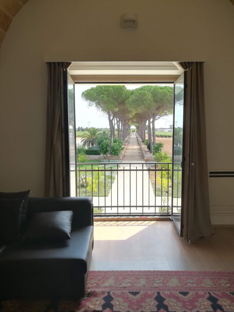 A view from inside a luxury room at Masseria La Cornula. Large open French doors reveal a stunning perspective of a long driveway lined with majestic pine trees and vineyards. A modern dark leather sofa is visible in the foreground, with warm sunlight flooding the wooden floor.