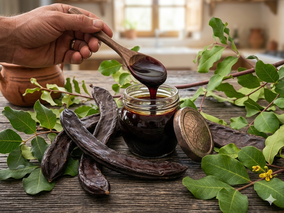 Artisanal carob molasses and fresh carob pods - traditional Puglia products