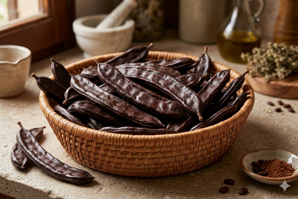 Fresh carob pods in a traditional basket - Puglia's forgotten superfood