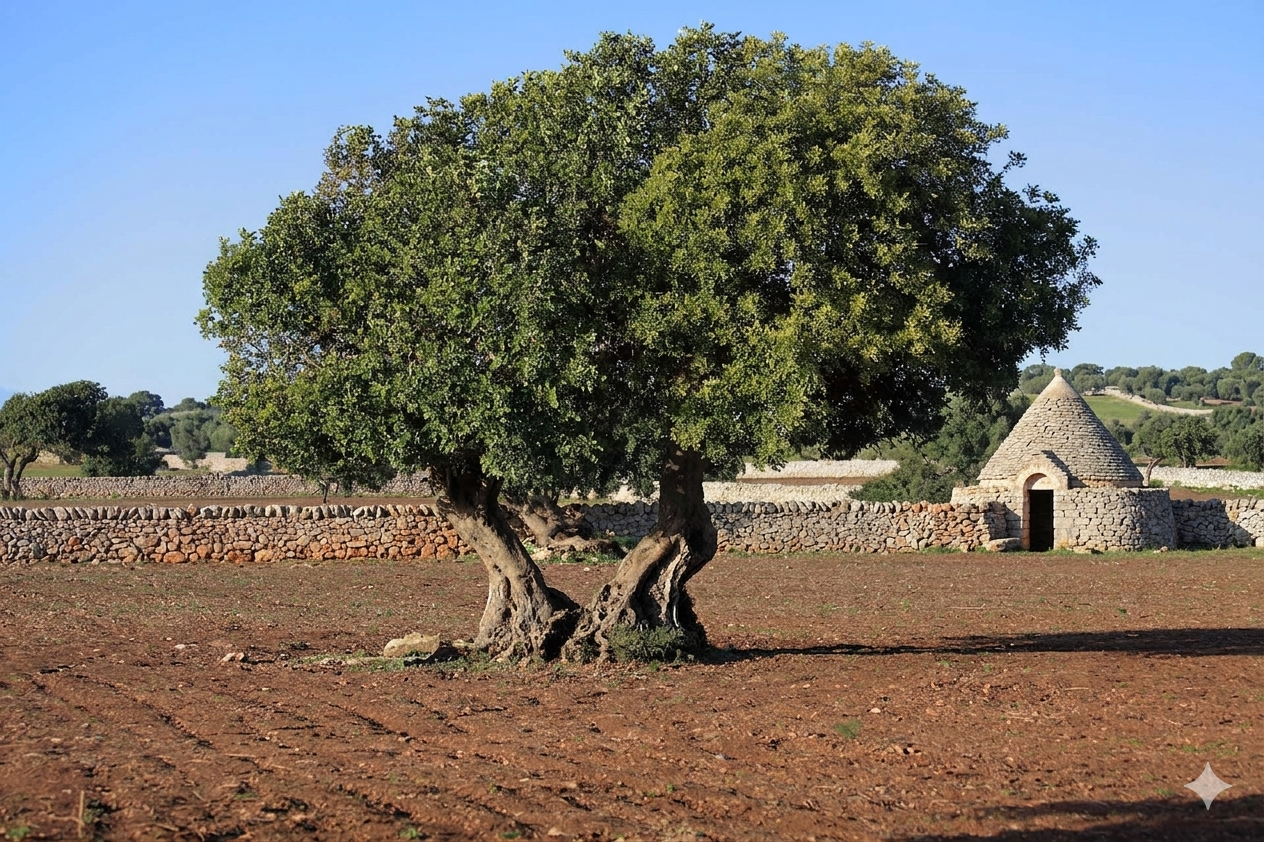 Ancient carob tree in Salento landscape with traditional pajara dry stone wall