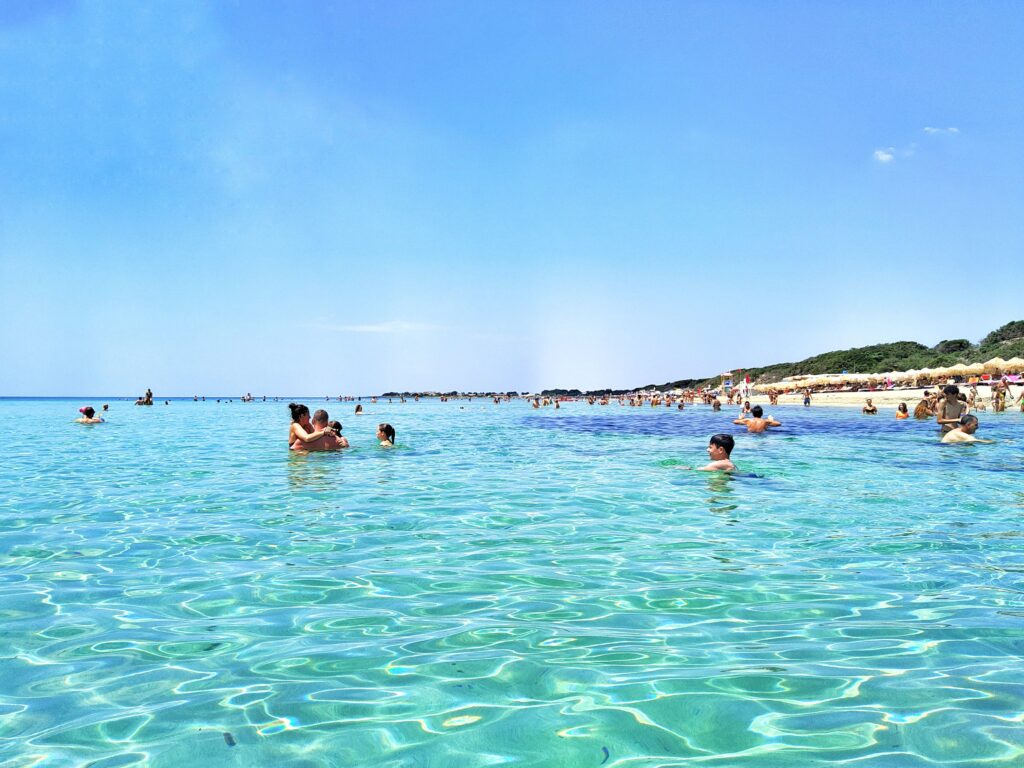 Ground-level view of the crystal-clear, shallow turquoise waters of Punta Prosciutto beach in Porto Cesareo, Salento, Puglia, Italy, with swimmers in the sea and a crowded sandy beach with umbrellas in the distance under a clear blue sky.