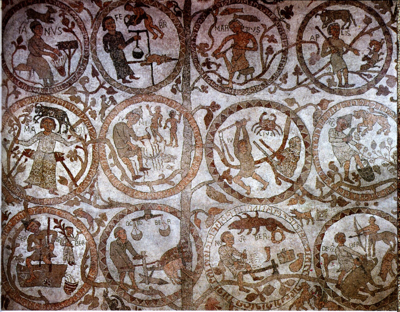 Detail of the medieval mosaic floor in Otranto Cathedral showing the months of the year and zodiac signs