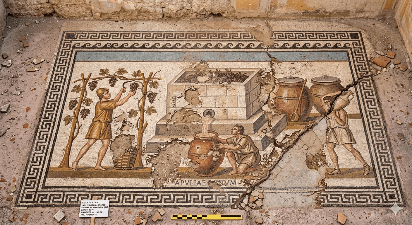 Ancient Roman mosaic inscription mentioning Mostum Lixivium from a villa in Puglia