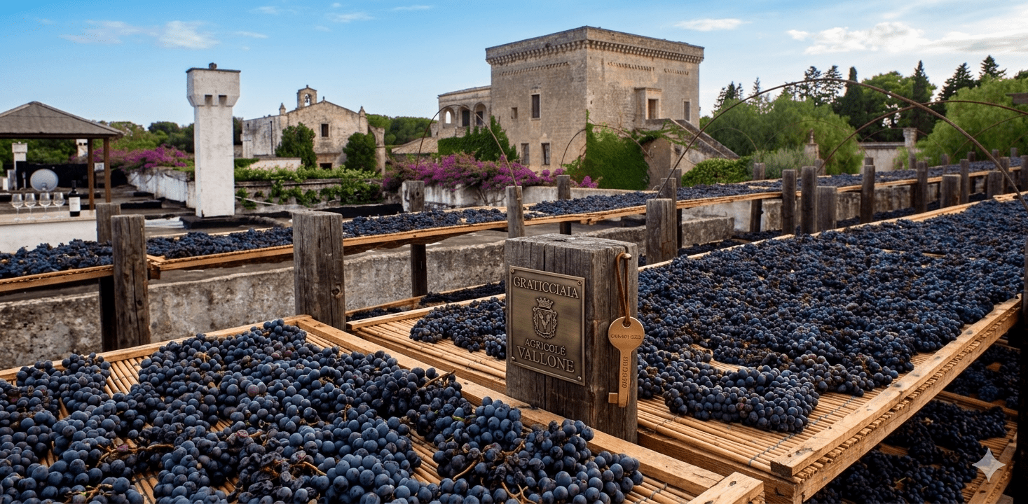Negroamaro grapes drying on racks for Graticciaia wine at Agricola Vallone