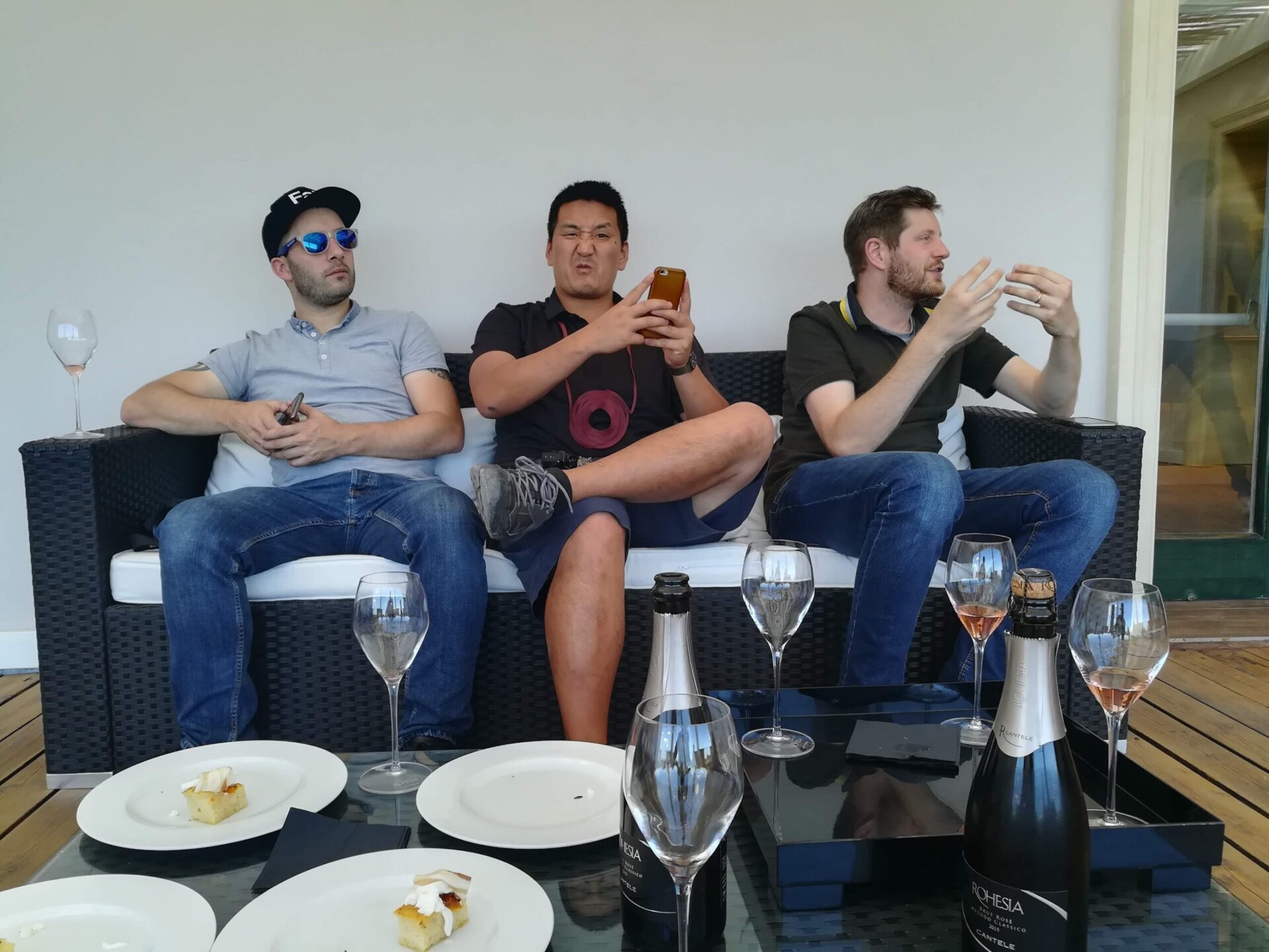 Fabien Laine, Matthew Horkey and Paul Caputo tasting wines at Cantele winery during Negroamaro Stories tour