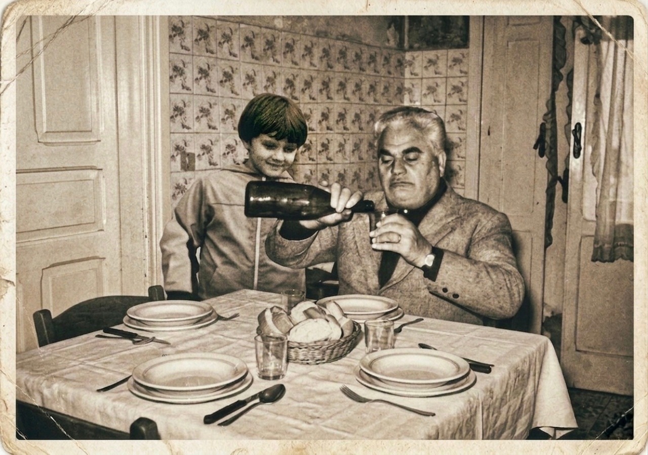 Il nonno Floriano Spagnolo e il piccolo Stefano nei vigneti del Salento - tradizione vinicola di famiglia