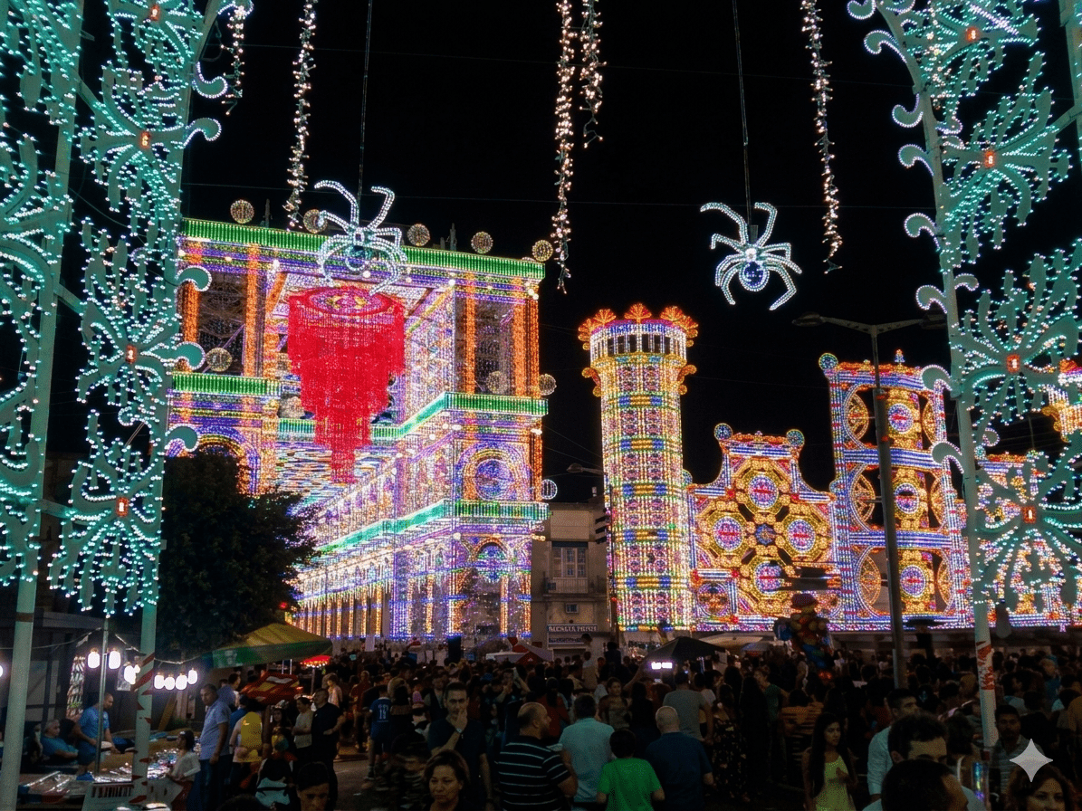 Scorrano illuminata di notte per la festa di Santa Domenica con luminarie spettacolari