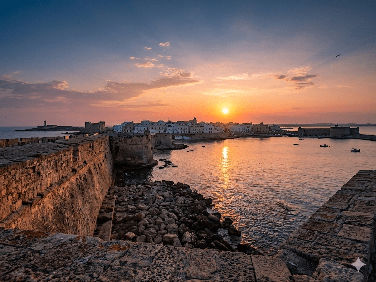 Sunset over Gallipoli's old town bastions with golden light reflecting on the Ionian Sea