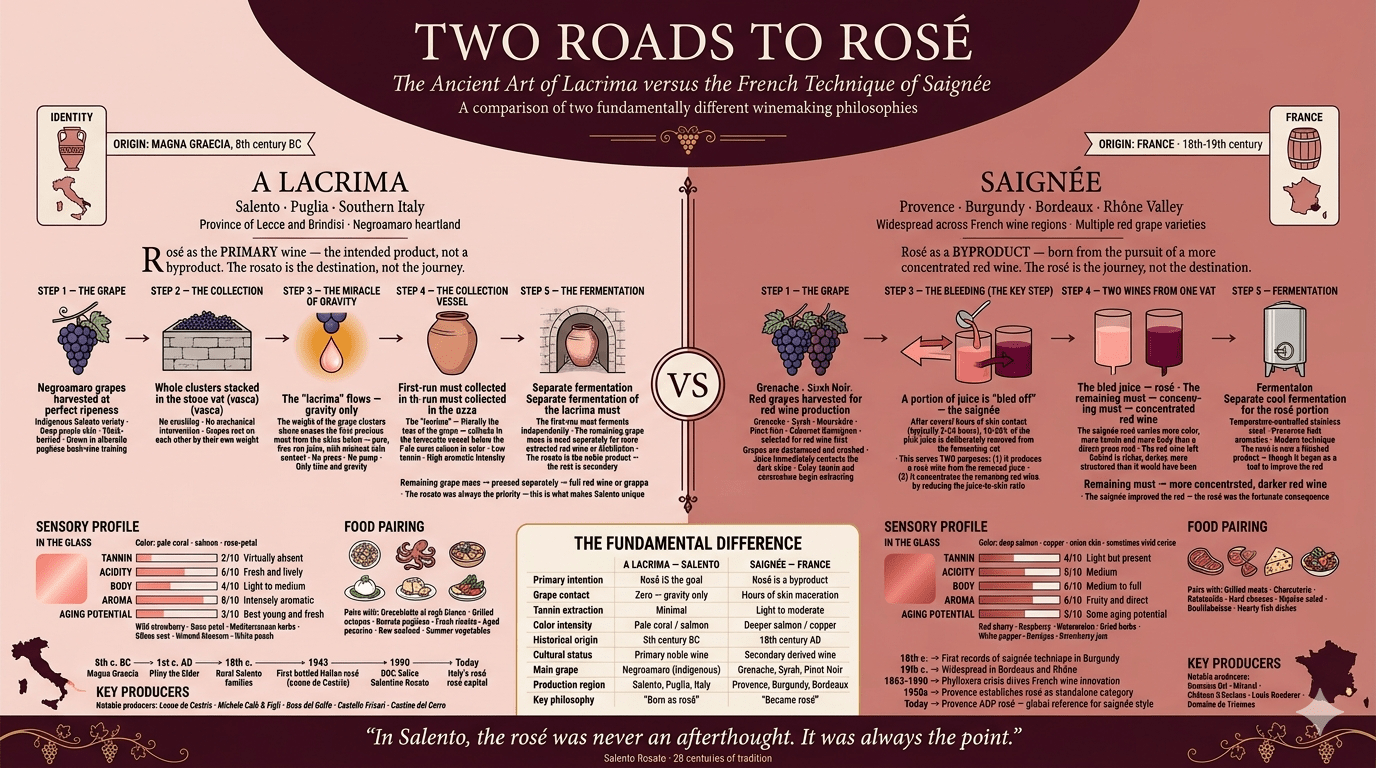 Comparison infographic between the Salento a lacrima method and the French saignée method for rosé wine production