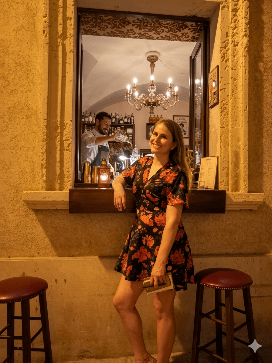 Elegant cocktail bar in Lecce alley with golden lighting and wine service