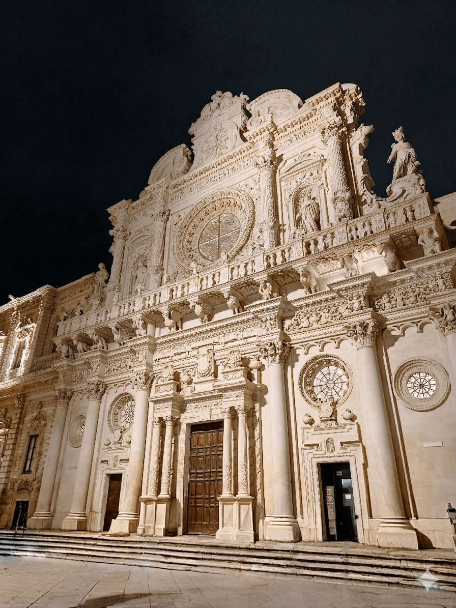 Basilica di Santa Croce facade in Lecce illuminated at night showing elaborate Baroque carvings and rose window