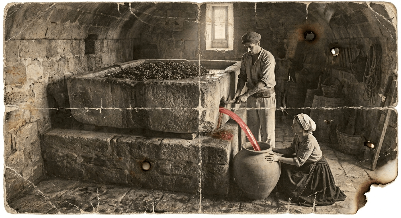 Historical illustration showing the traditional a lacrima rosé winemaking method in late 19th century Salento