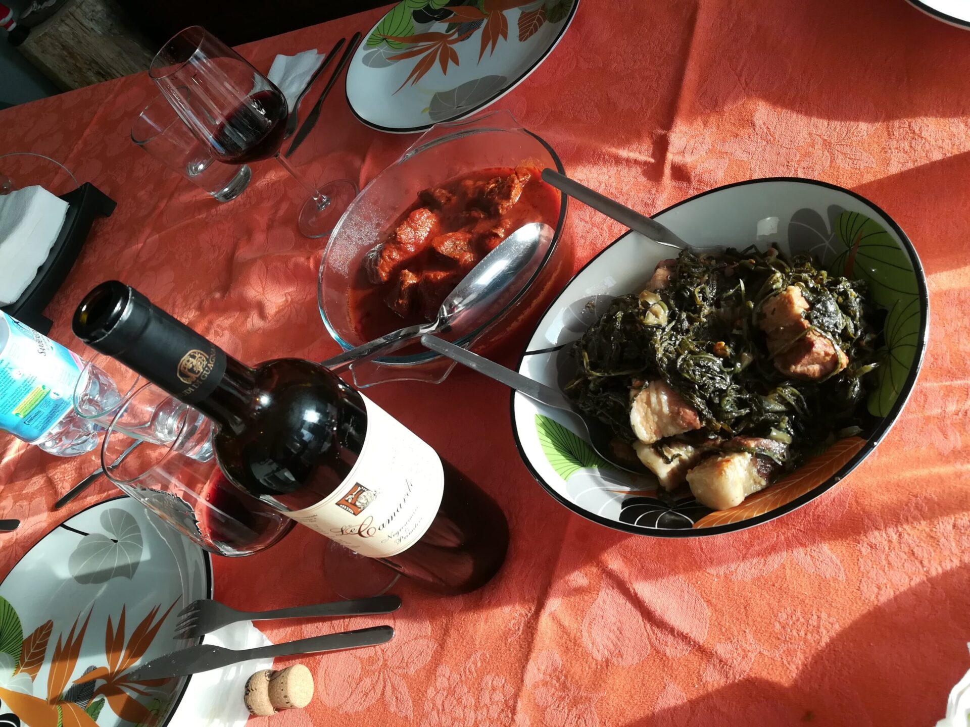 Traditional Puglia home dinner paired with local Negroamaro red wine